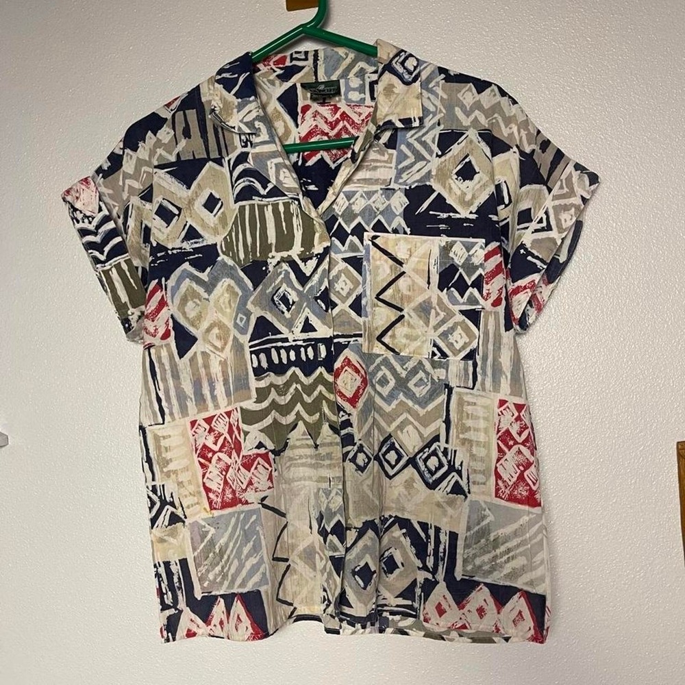 Vintage 90s Abstract Geometric Tribal Print Camp Shirt